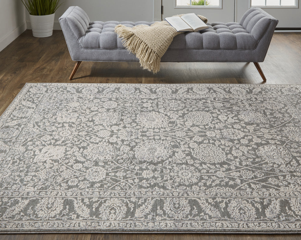 8 x 10 Taupe & Ivory Floral Power Loom Rug