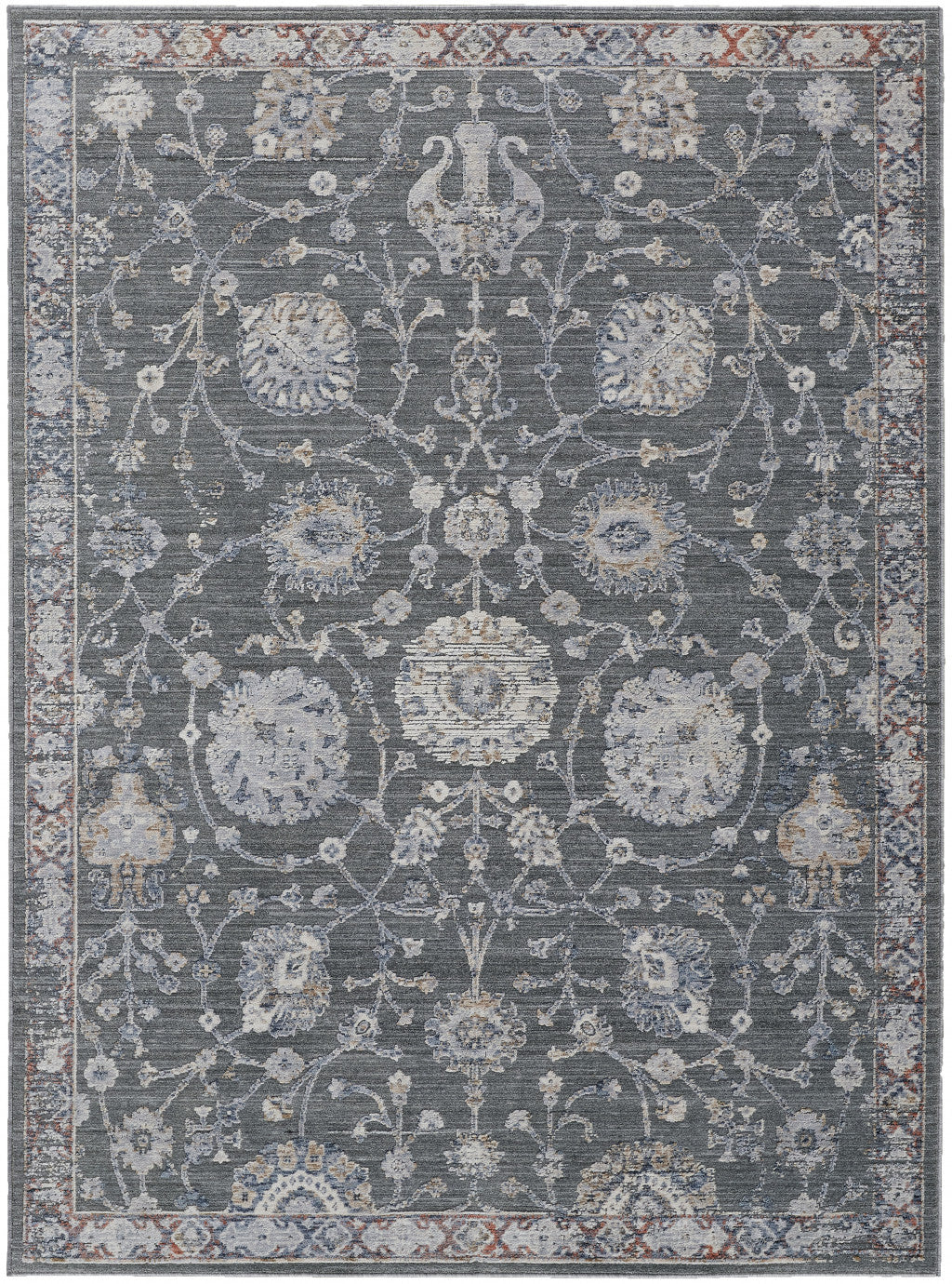 8 x 10 Gray & Ivory Floral Power Loom Rug