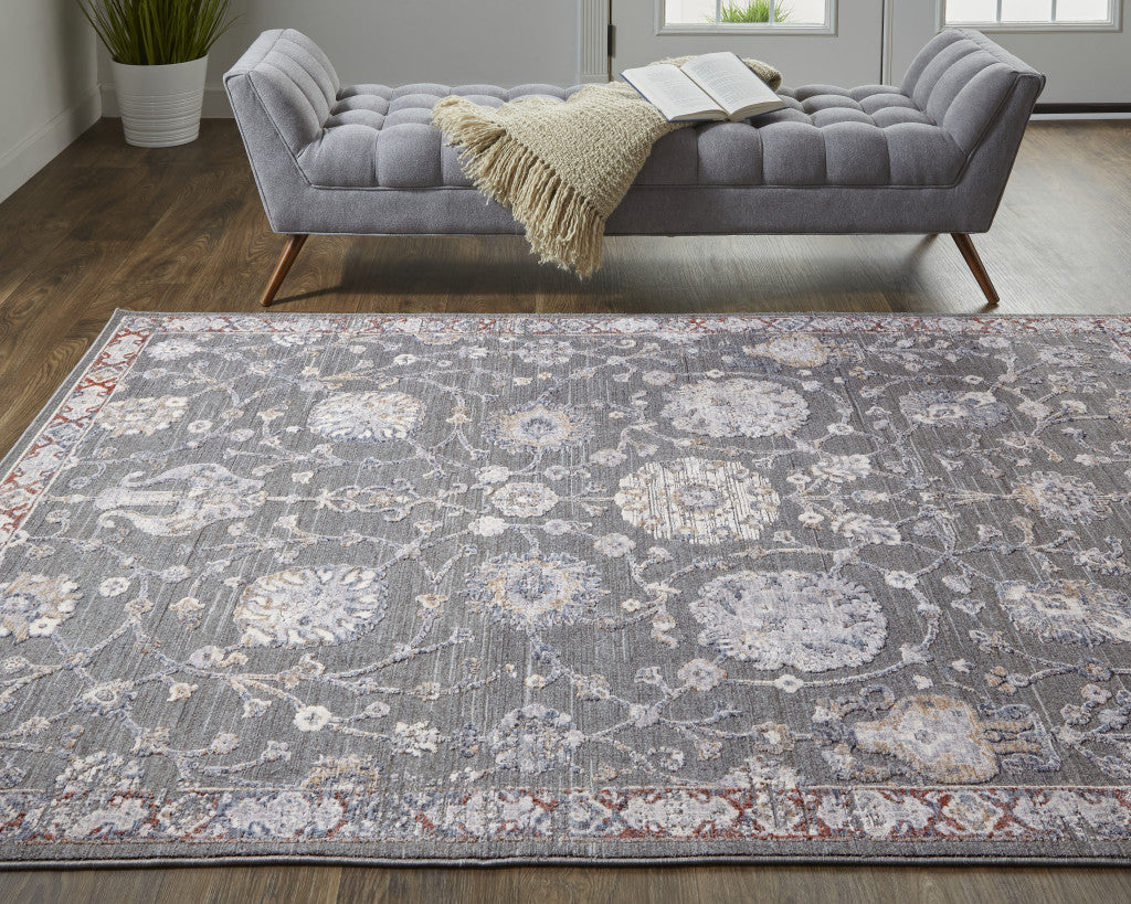 8 x 10 Gray & Ivory Floral Power Loom Rug
