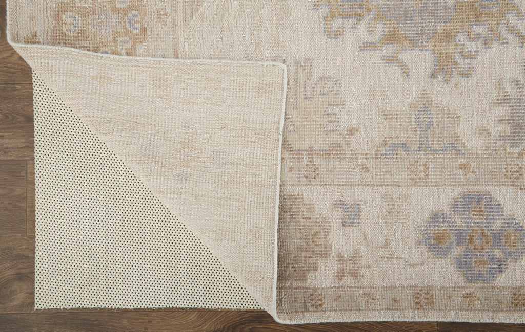 4 x 6 Ivory Tan & Blue Floral Hand Knotted Stain Resistant Rug