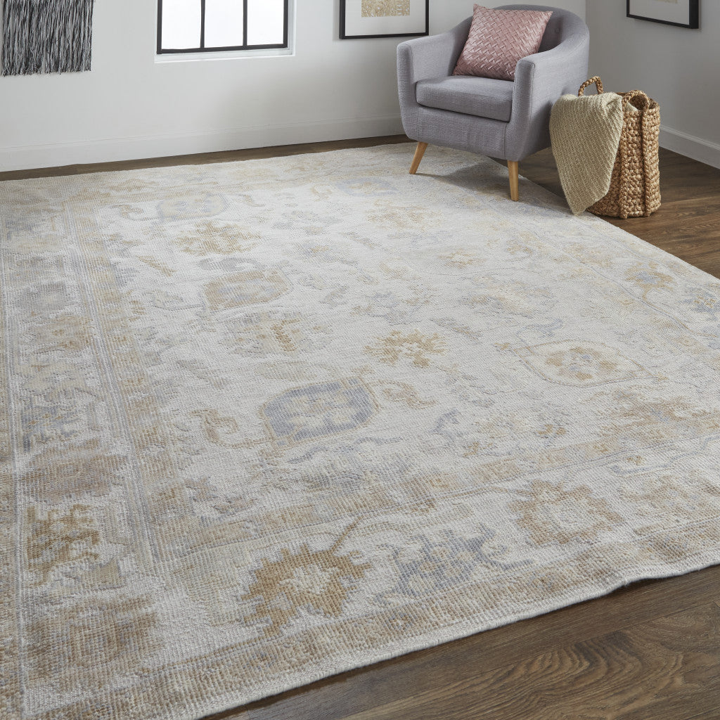 8 x 10 Ivory & Tan Floral Hand Knotted Stain Resistant Rug