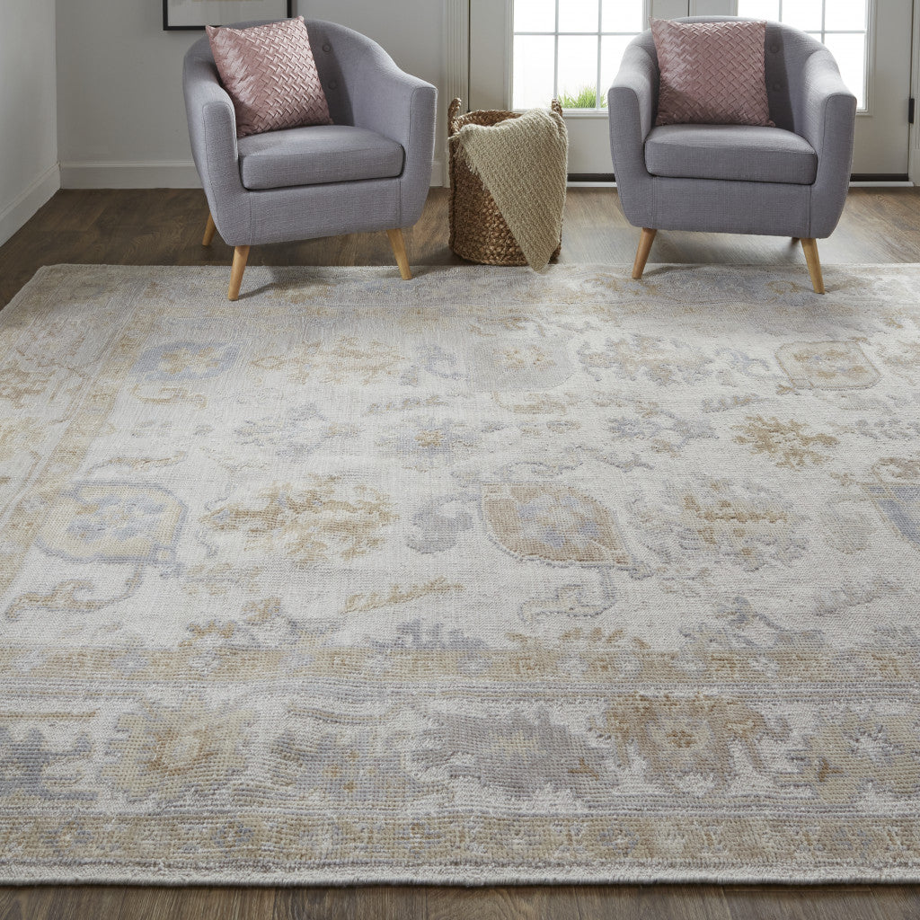 8 x 10 Ivory & Tan Floral Hand Knotted Stain Resistant Rug