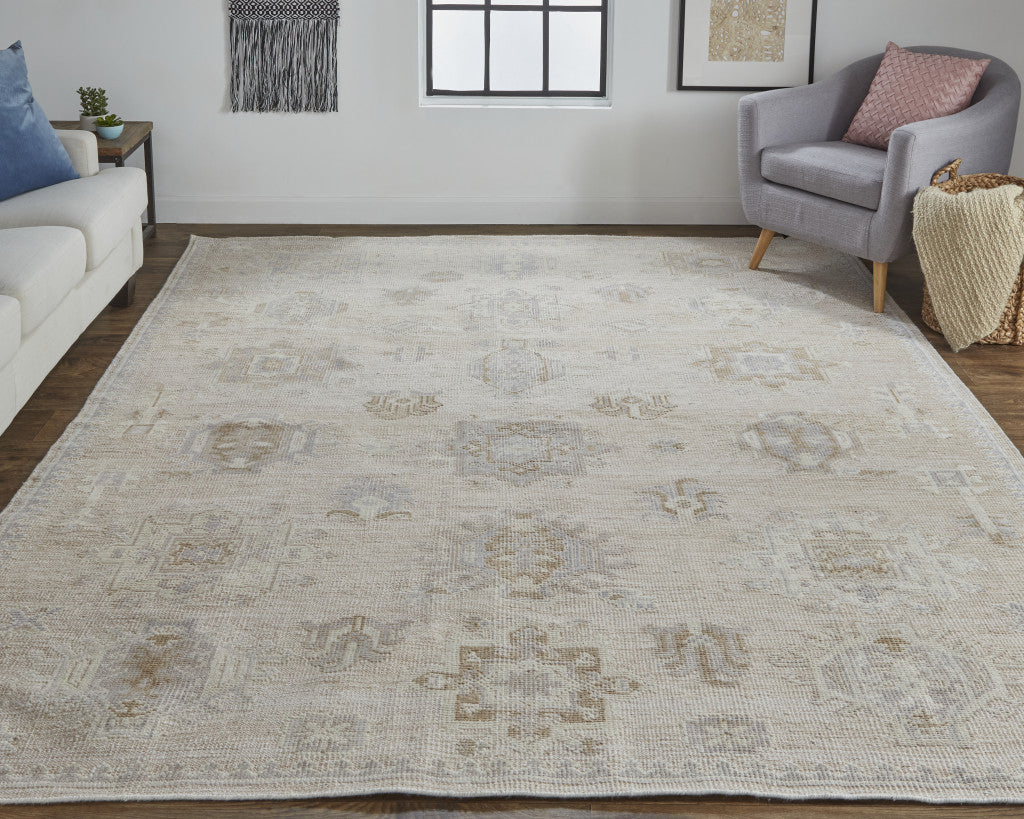 9 x 12 Tan & Brown Floral Hand Knotted Stain Resistant Rug