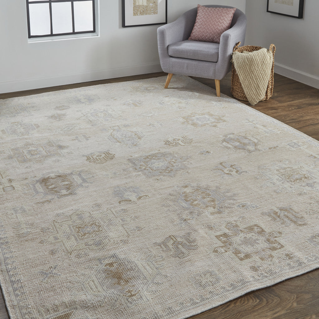 9 x 12 Tan & Brown Floral Hand Knotted Stain Resistant Rug