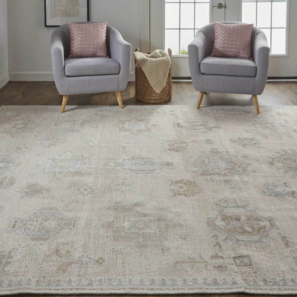 9 x 12 Tan & Brown Floral Hand Knotted Stain Resistant Rug