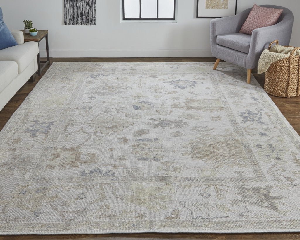 9 x 12 Tan Ivory & Orange Floral Hand Knotted Stain Resistant Rug