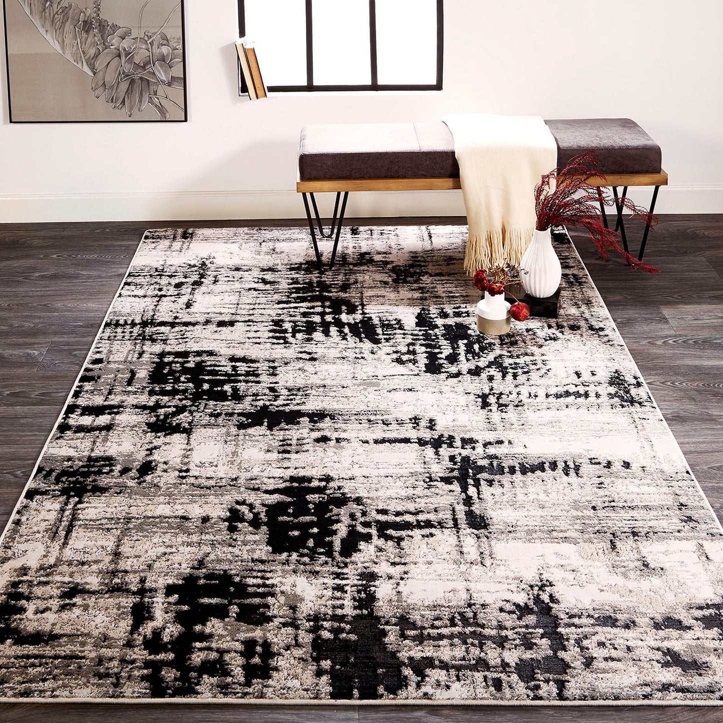 10 x 13 Black White & Gray Stain Resistant Rug