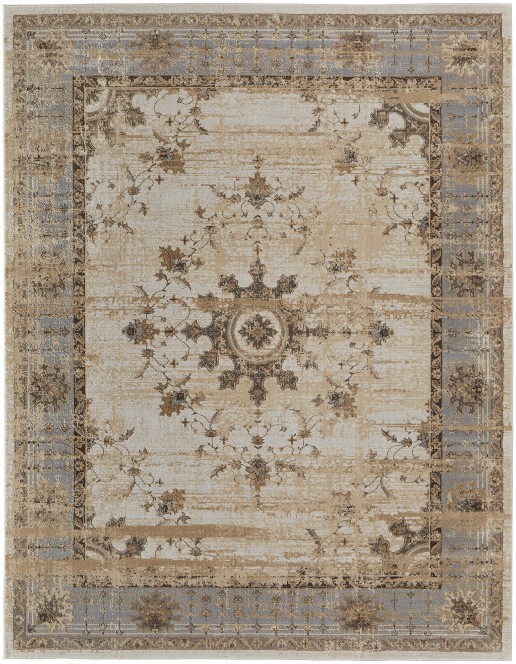 9 x 12 Tan Brown & Gray Power Loom Distressed Rug