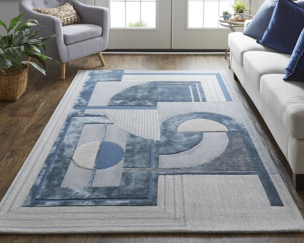 12 x 15 Blue Ivory & Gray Wool Striped Tufted Handmade Rug