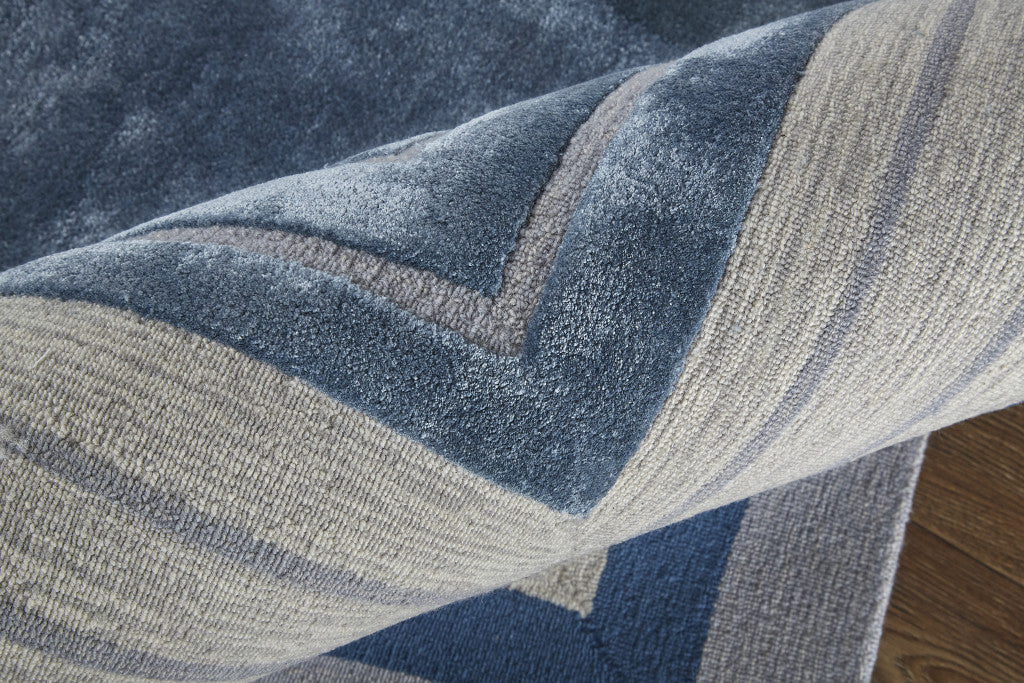 12 x 15 Blue Ivory & Gray Wool Striped Tufted Handmade Rug