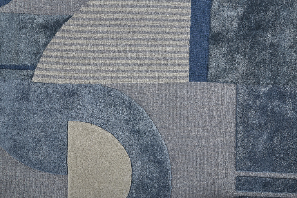 12 x 15 Blue Ivory & Gray Wool Striped Tufted Handmade Rug