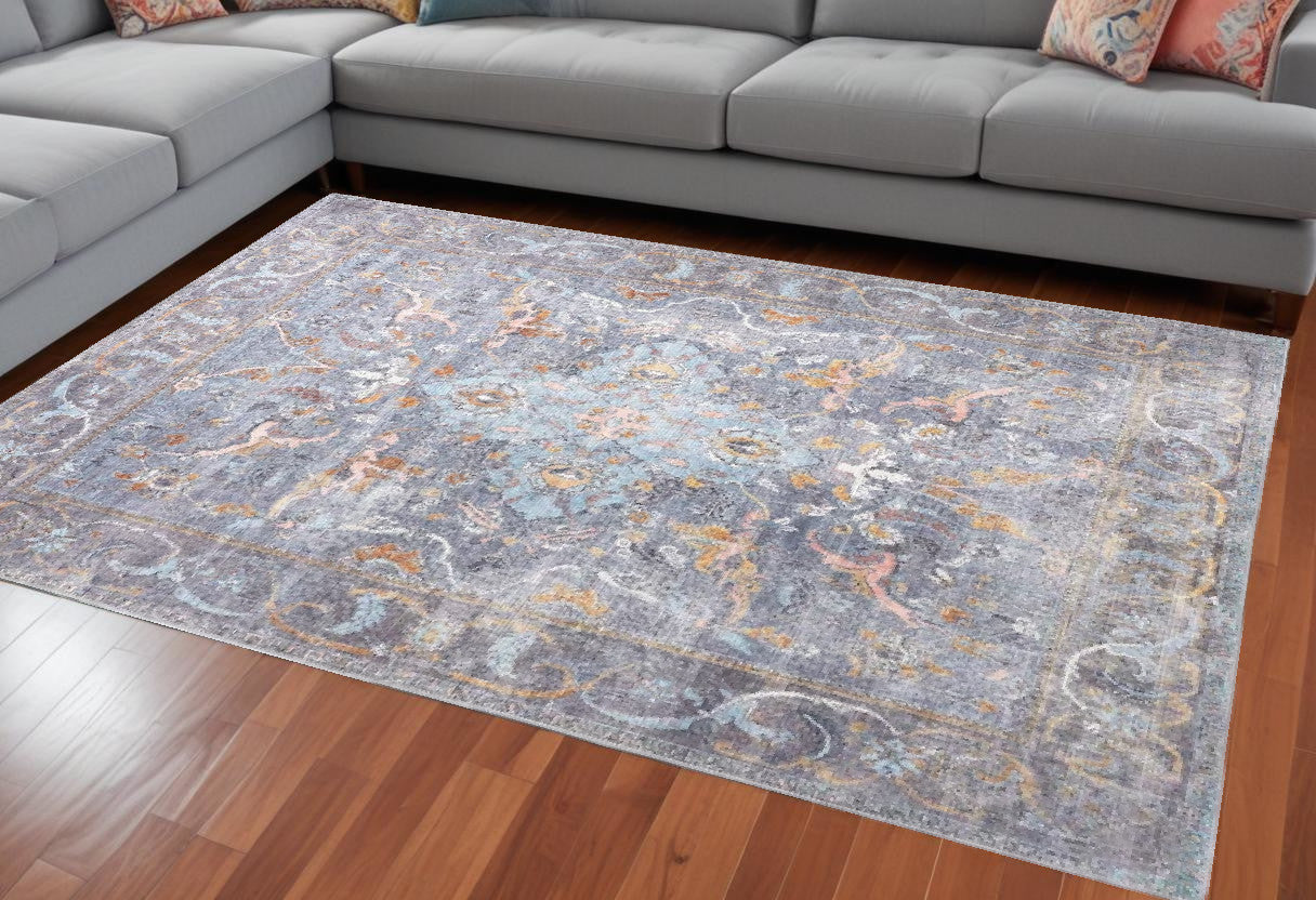 9 x 12 Blue Gray & Orange Floral Rug