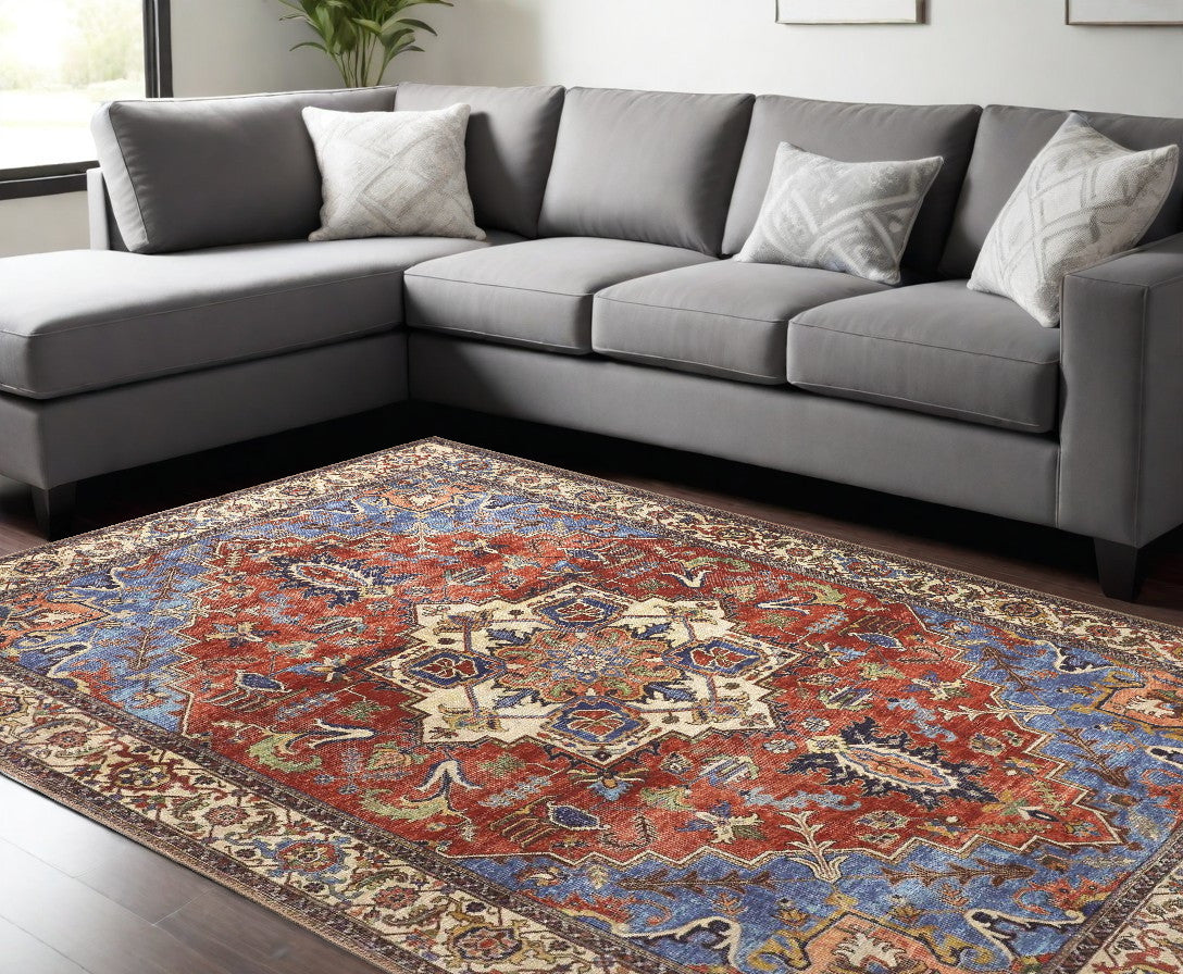 9 x 12 Blue Red & Ivory Floral Rug