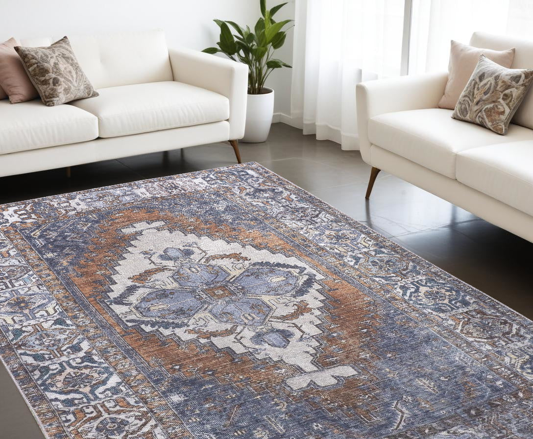 9 x 12 Blue Ivory & Brown Floral Rug
