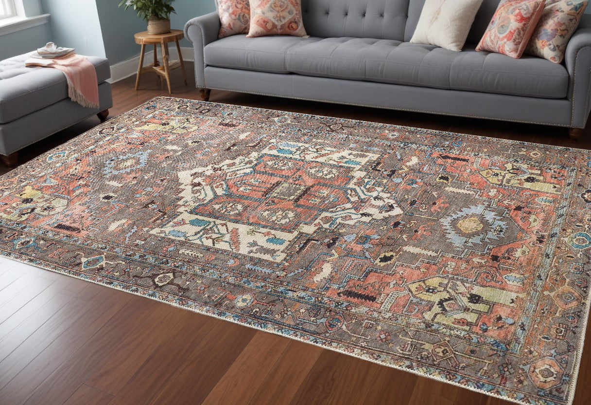 9 x 12 Taupe Red & Brown Floral Rug