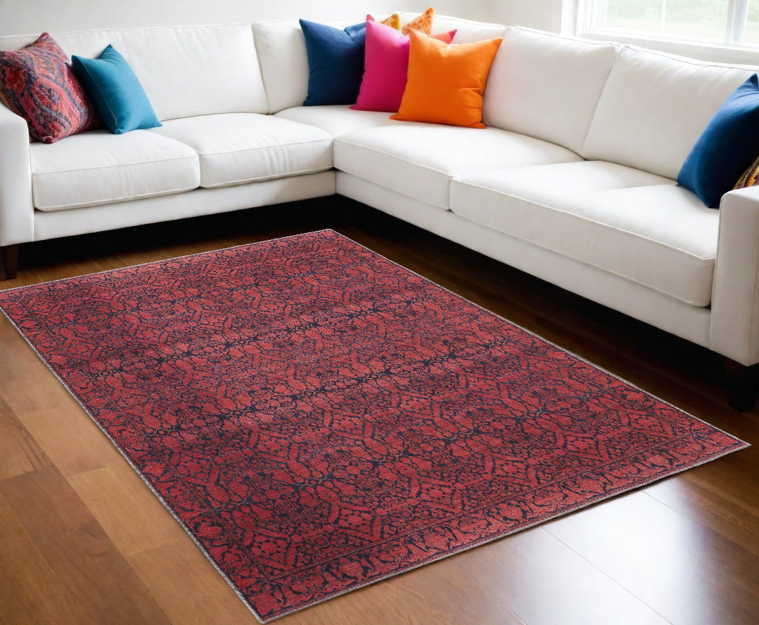 9 x 12 Red & Black Floral Power Loom Rug
