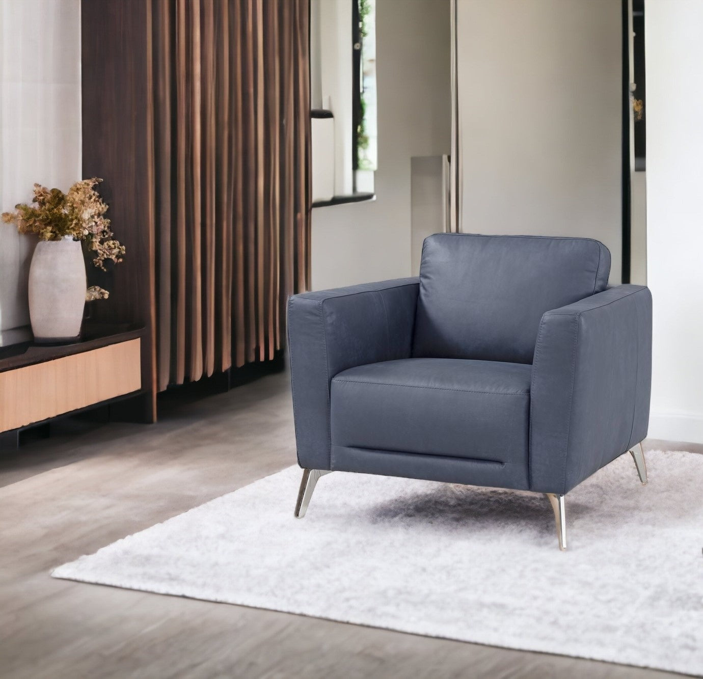Blue & Silver Genuine Leather Arm Chair