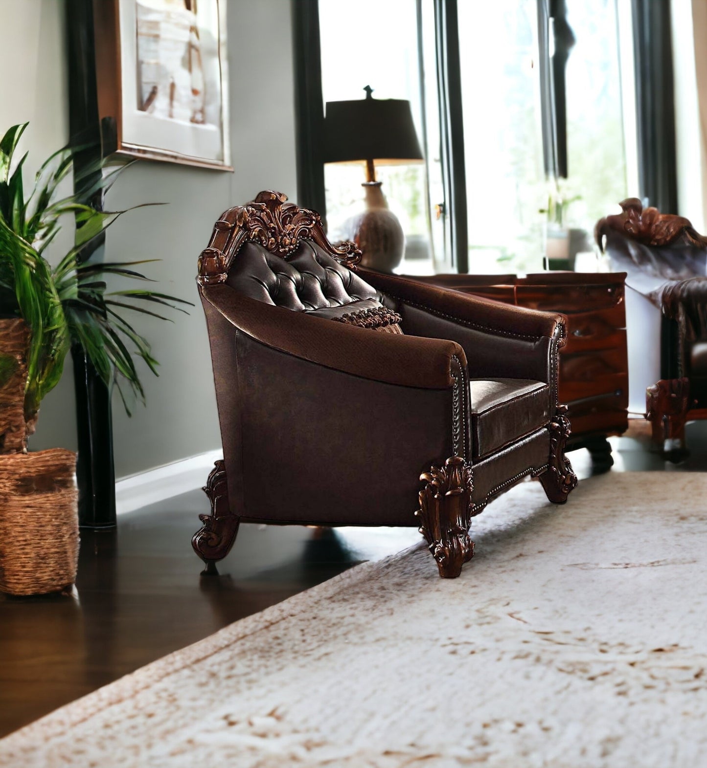 Dark Brown Faux Leather Chesterfield Chair