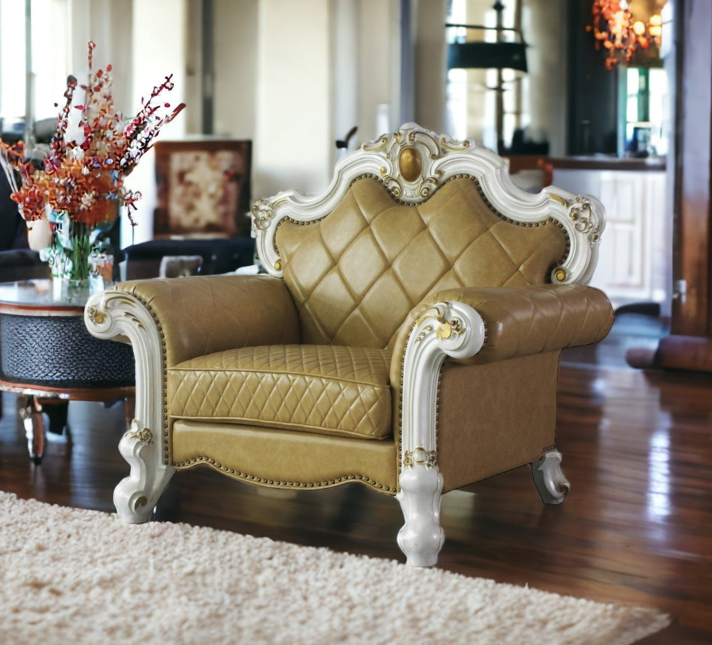 Beige & Pearl Faux Leather Arm Chair