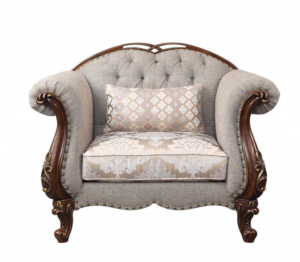 Beige & Brown Fabric Floral Arm Chair