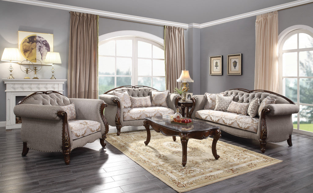 Beige & Brown Fabric Floral Arm Chair
