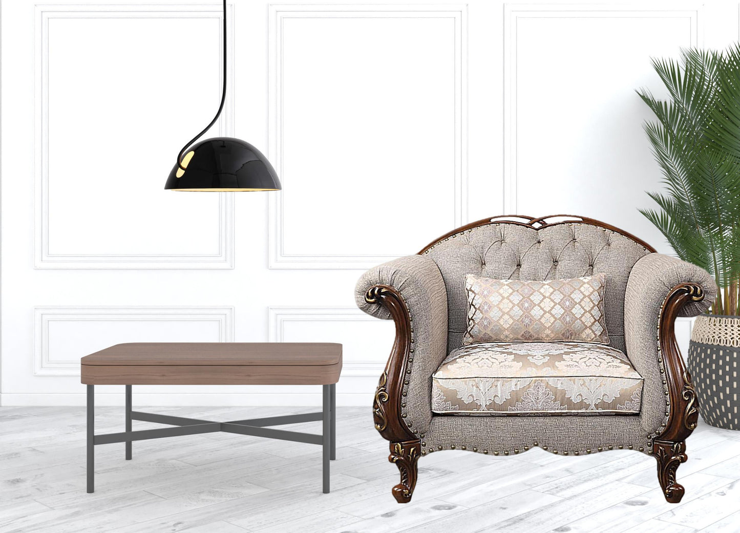 Beige & Brown Fabric Floral Arm Chair