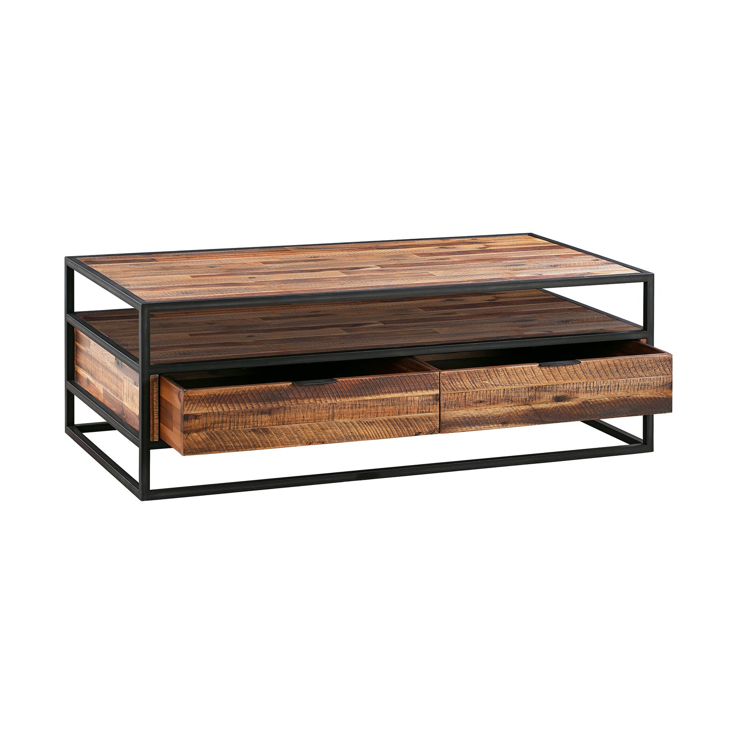 Brown & Black Solid Wood & Metal Coffee Table w/ 2 Drawers