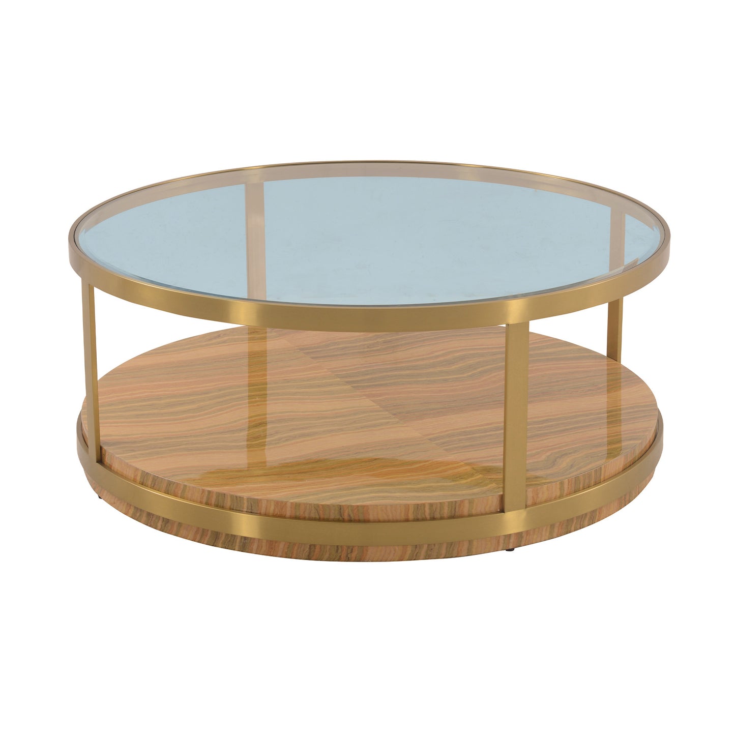Clear Gold & Brown Glass Wood & Metal Round Coffee Table