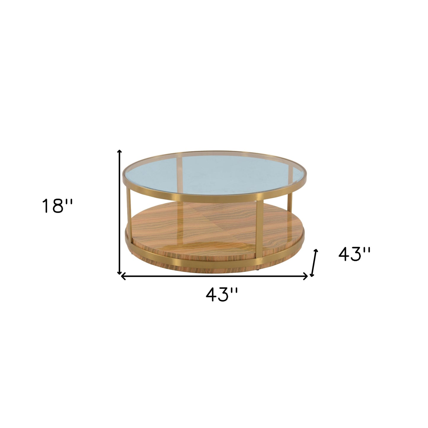 Clear Gold & Brown Glass Wood & Metal Round Coffee Table