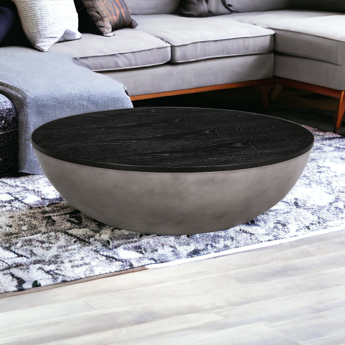 Black & Gray Solid Wood & Concrete Round Coffee Table