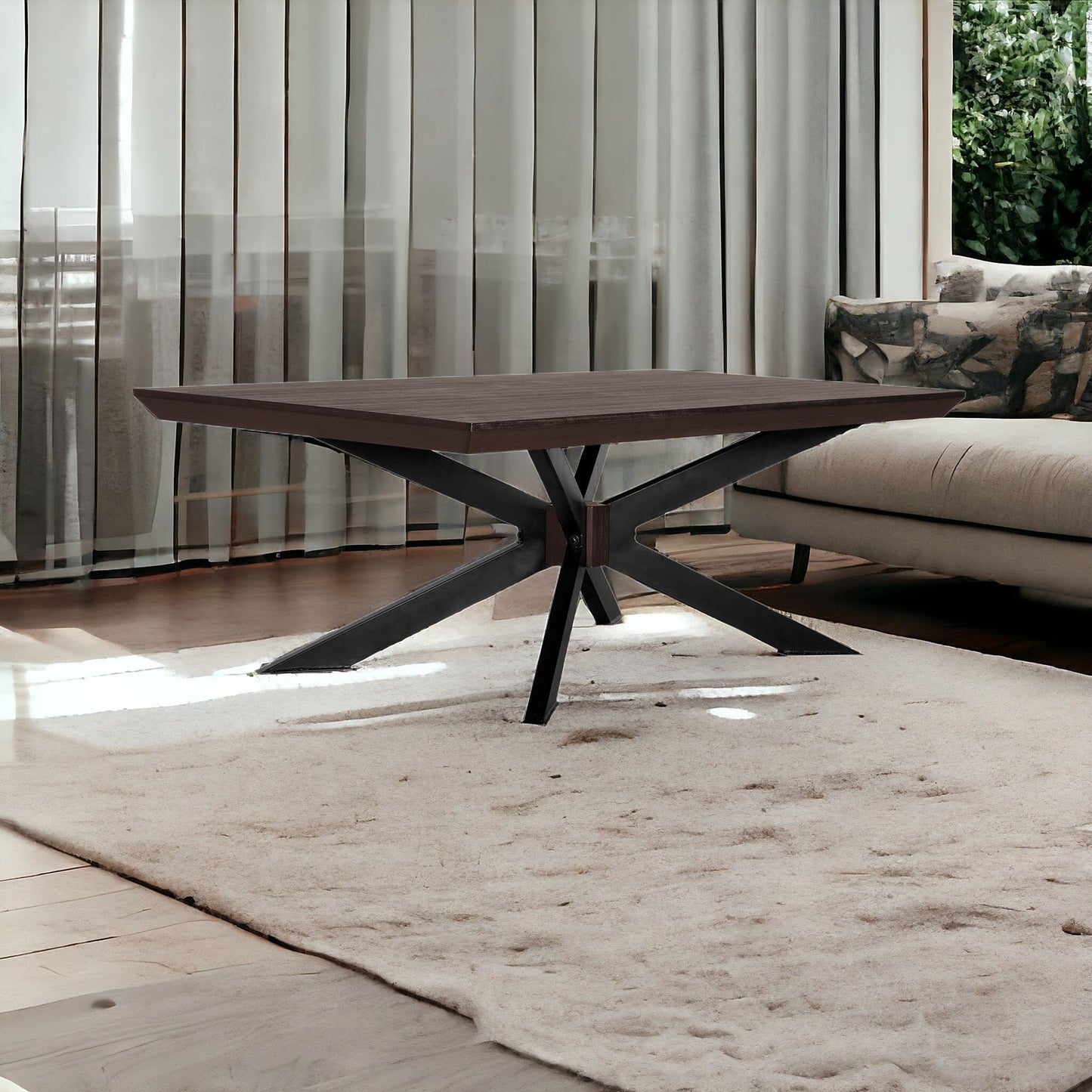 Brown & Black Solid Wood & Metal Coffee Table