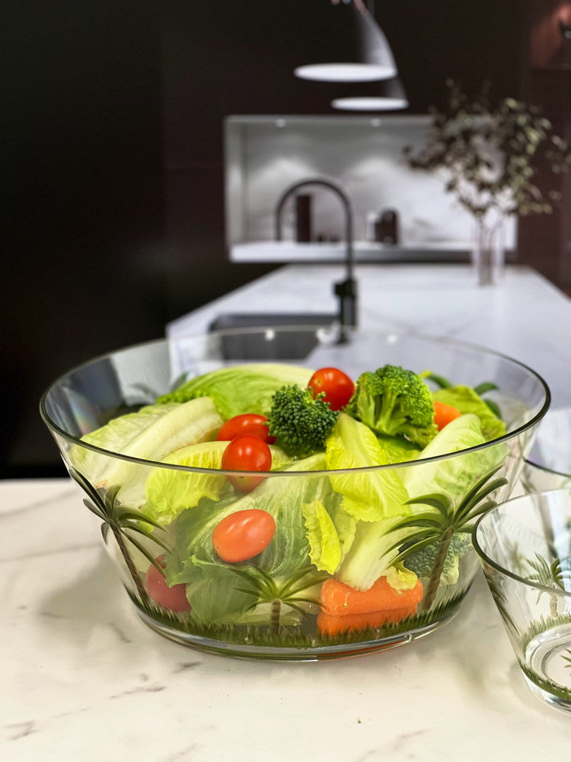 Clear and Green Palm Tree Acrylic Round Salad Bowl