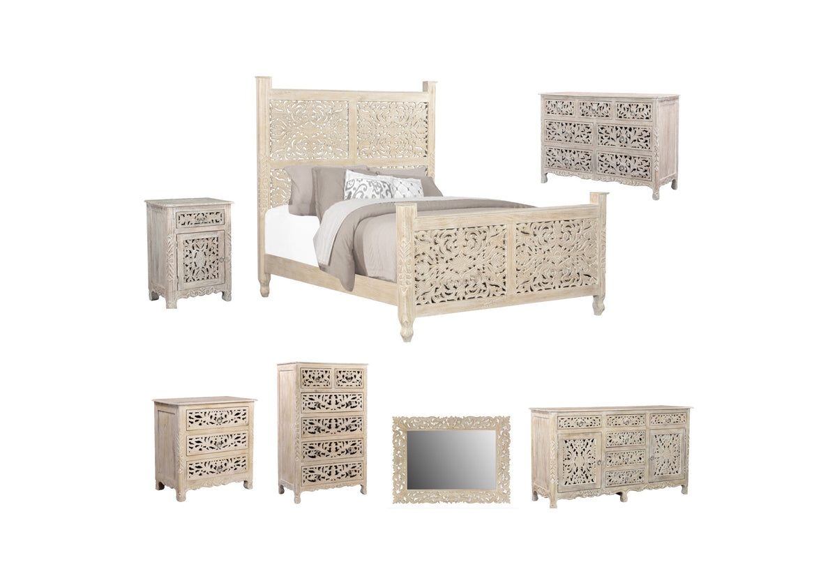 White Carved Floral Distressed Solid Wood Queen Bed