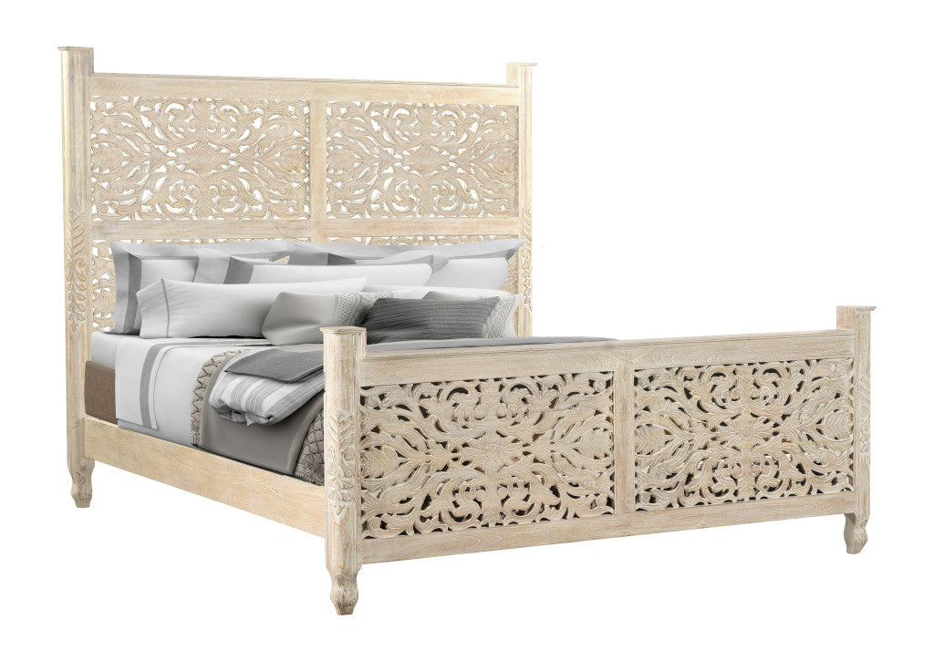 White Carved Floral Distressed Solid Wood King Bed Frame