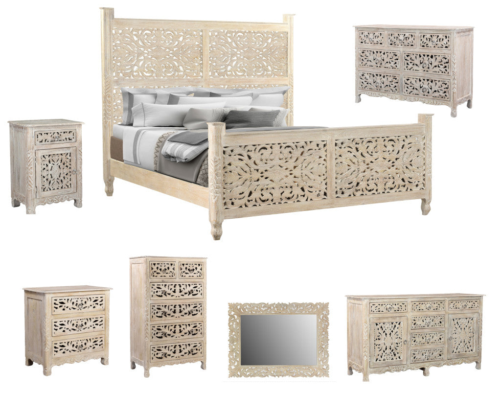 White Carved Floral Distressed Solid Wood King Bed Frame