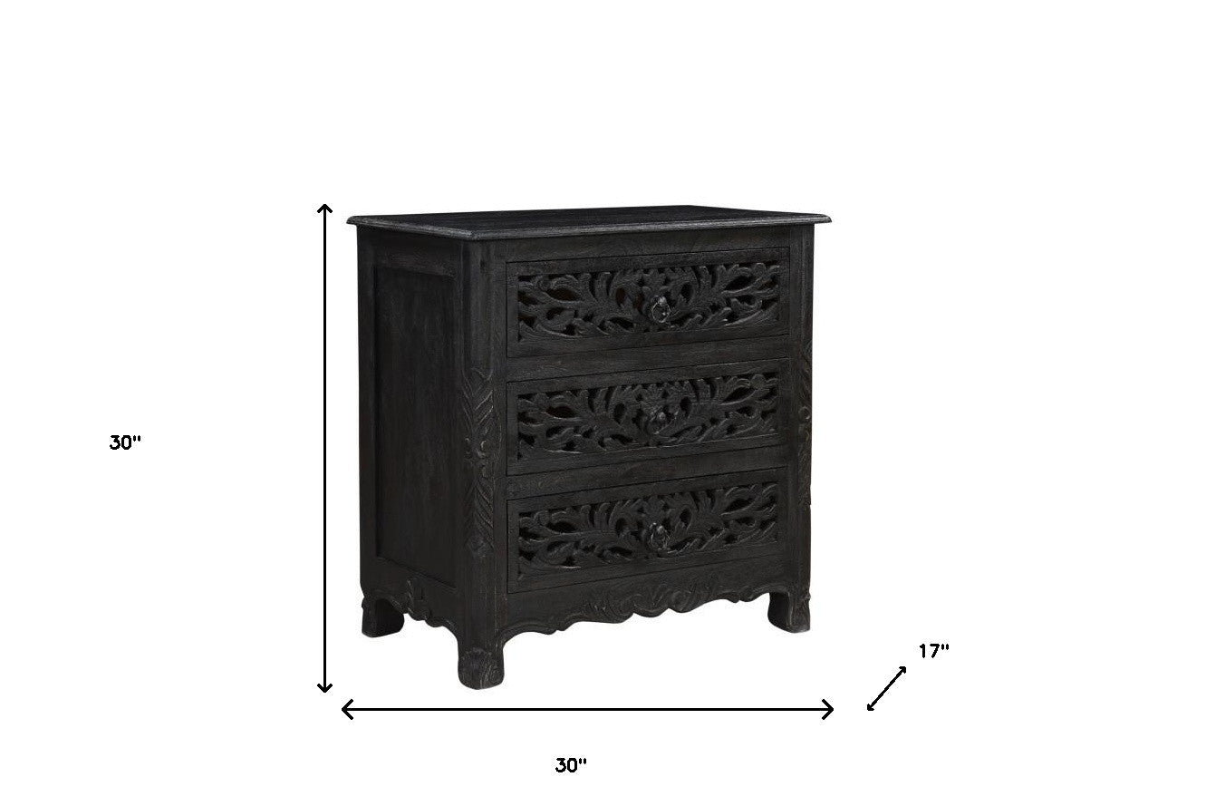 Distressed Black 3 Drawer Floral Carved Nightstand