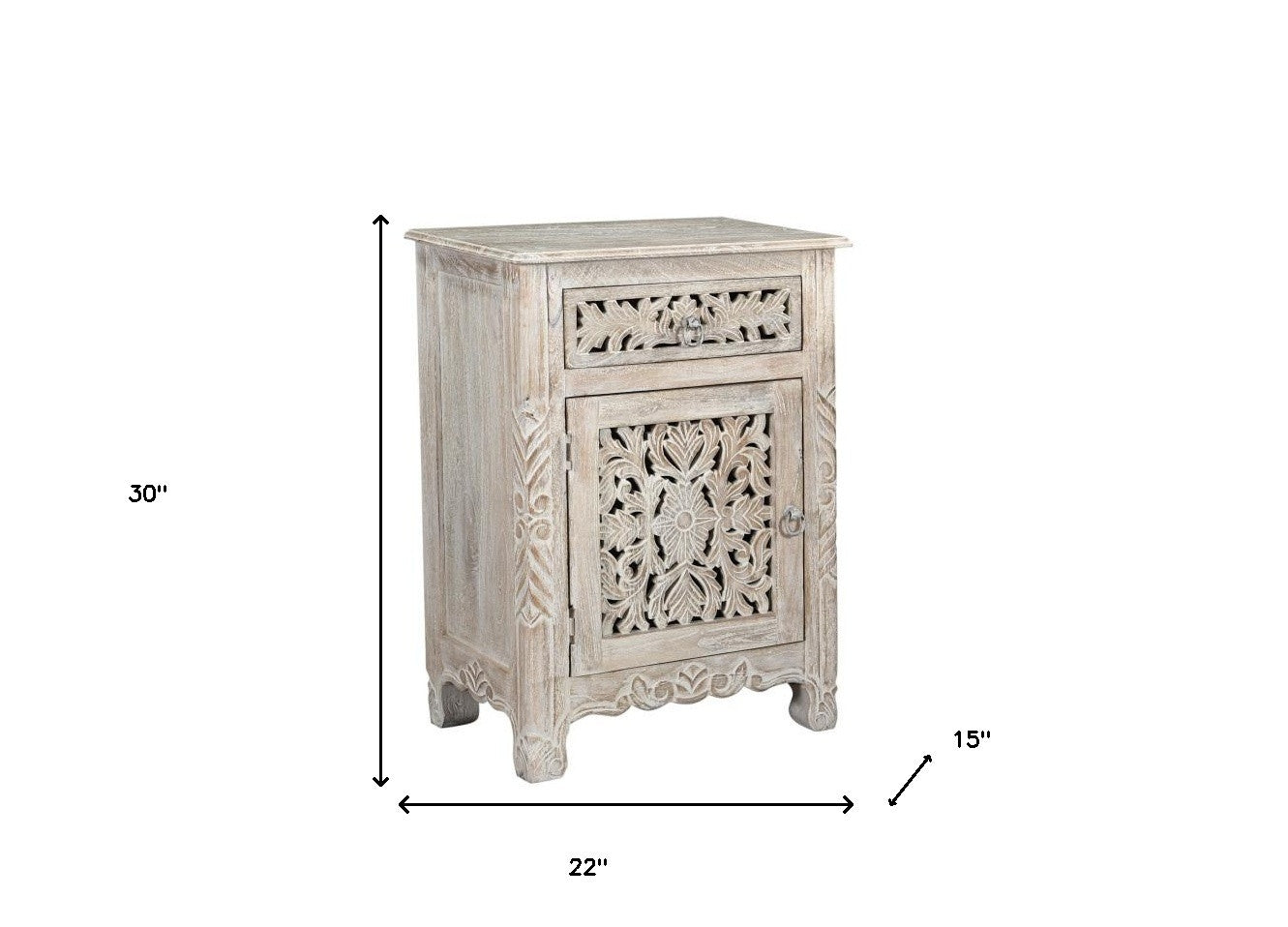 Distressed White 1 Drawer Floral Carved Nightstand