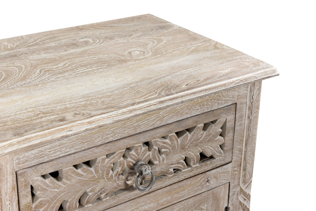 Distressed White 1 Drawer Carved Floral Nightstand