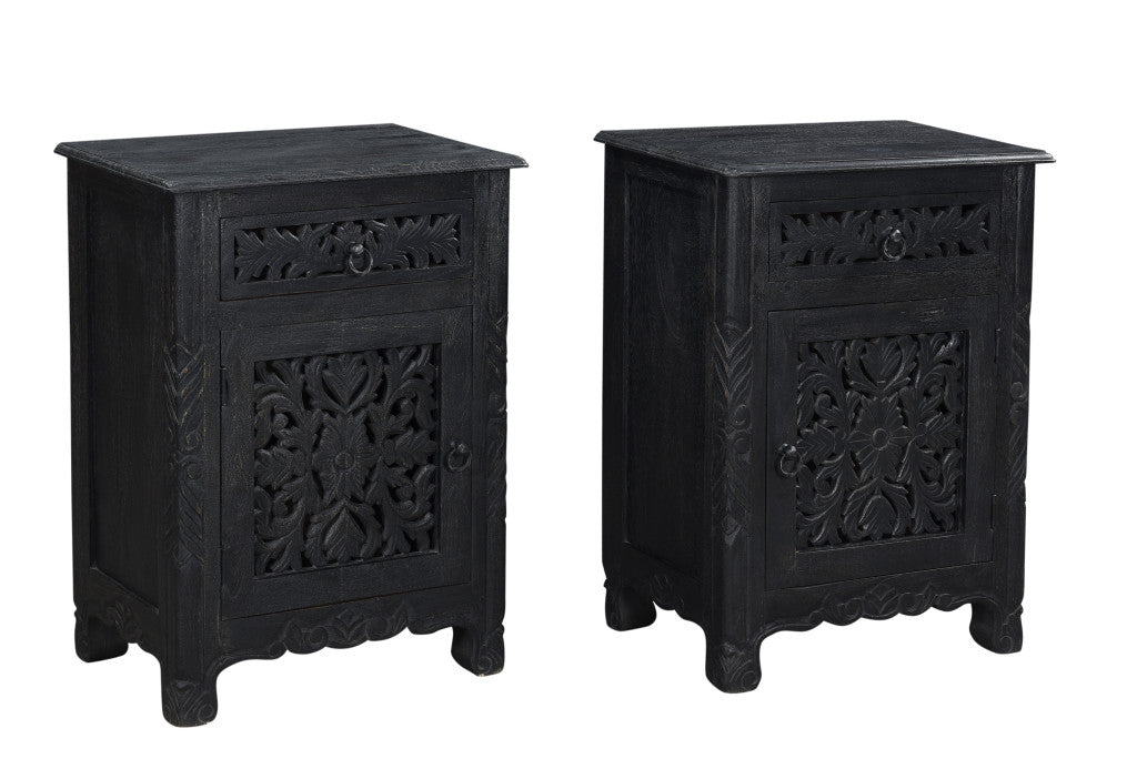 Distressed Black Carved Floral Nightstand
