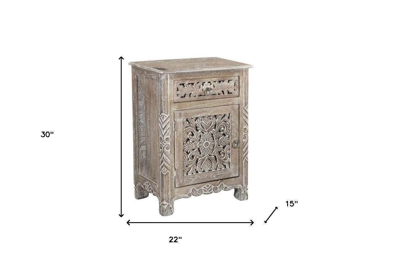 Distressed Gray Carved Floral Nightstand
