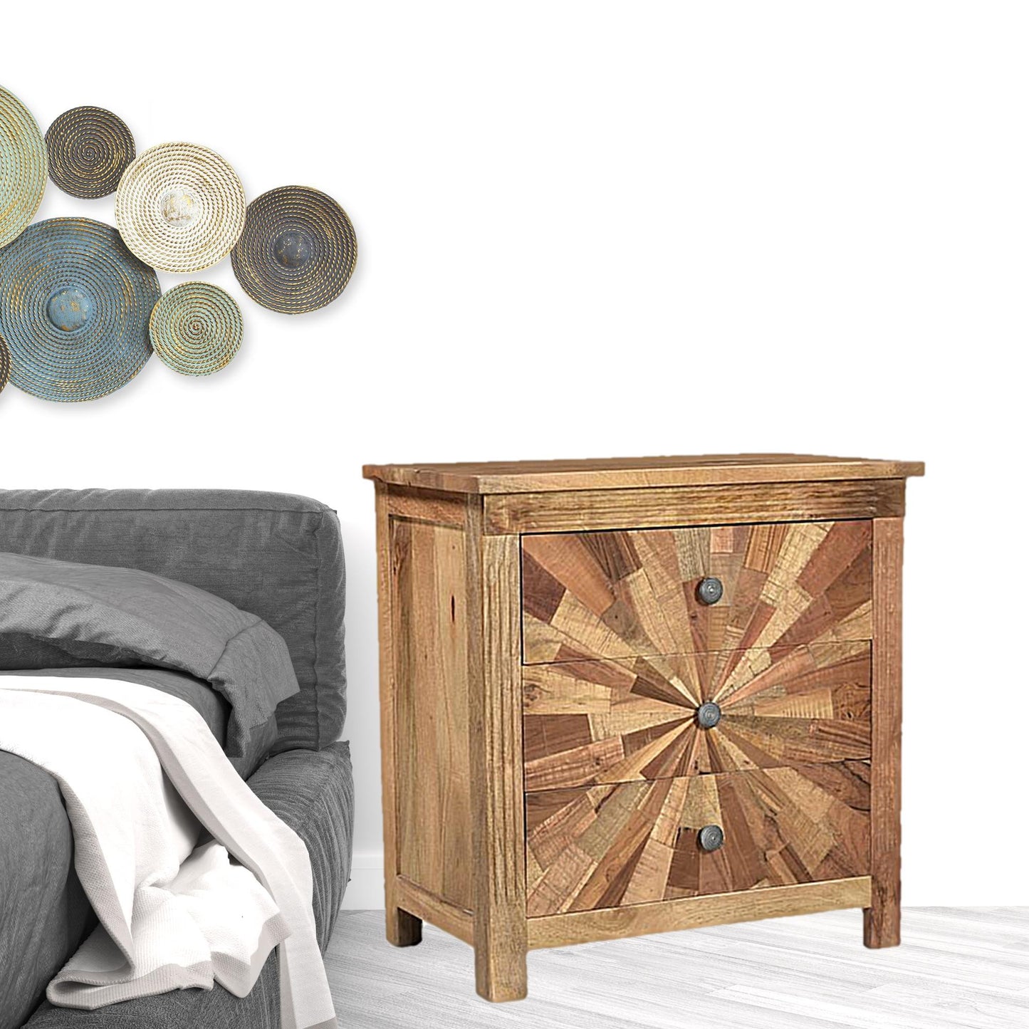 Natural Starburst Pattern Solid Wood Nightstand