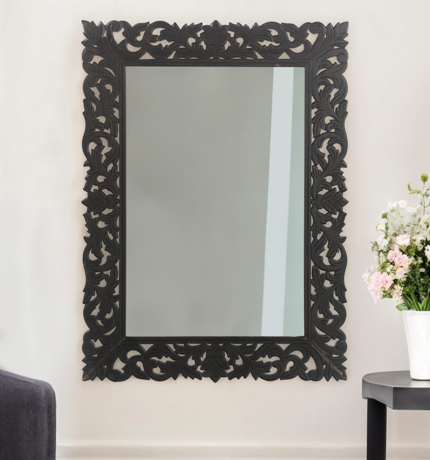 Black Floral Carved Solid Wood Accent Mirror