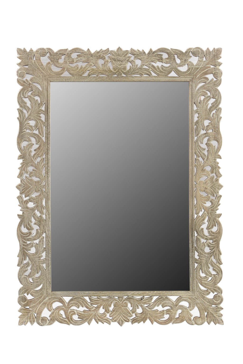 Gray Floral Carved Solid Wood Accent Mirror