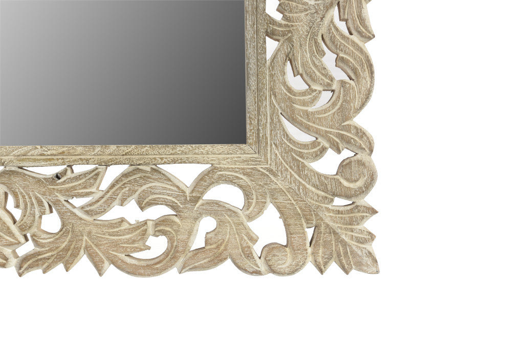 Gray Floral Carved Solid Wood Accent Mirror