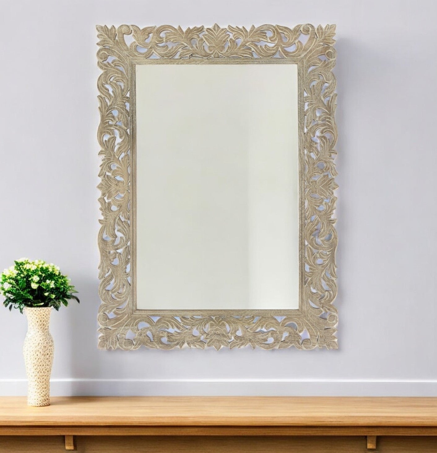 Gray Floral Carved Solid Wood Accent Mirror