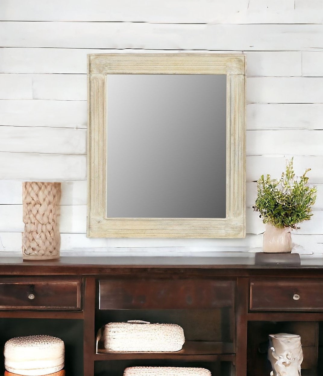White Solid Wood Framed Accent Mirror