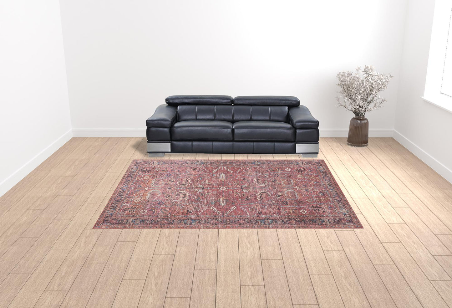 9 x 12 Red Floral Power Loom Distressed Rug