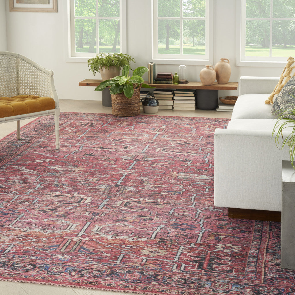 9 x 12 Red Floral Power Loom Distressed Rug