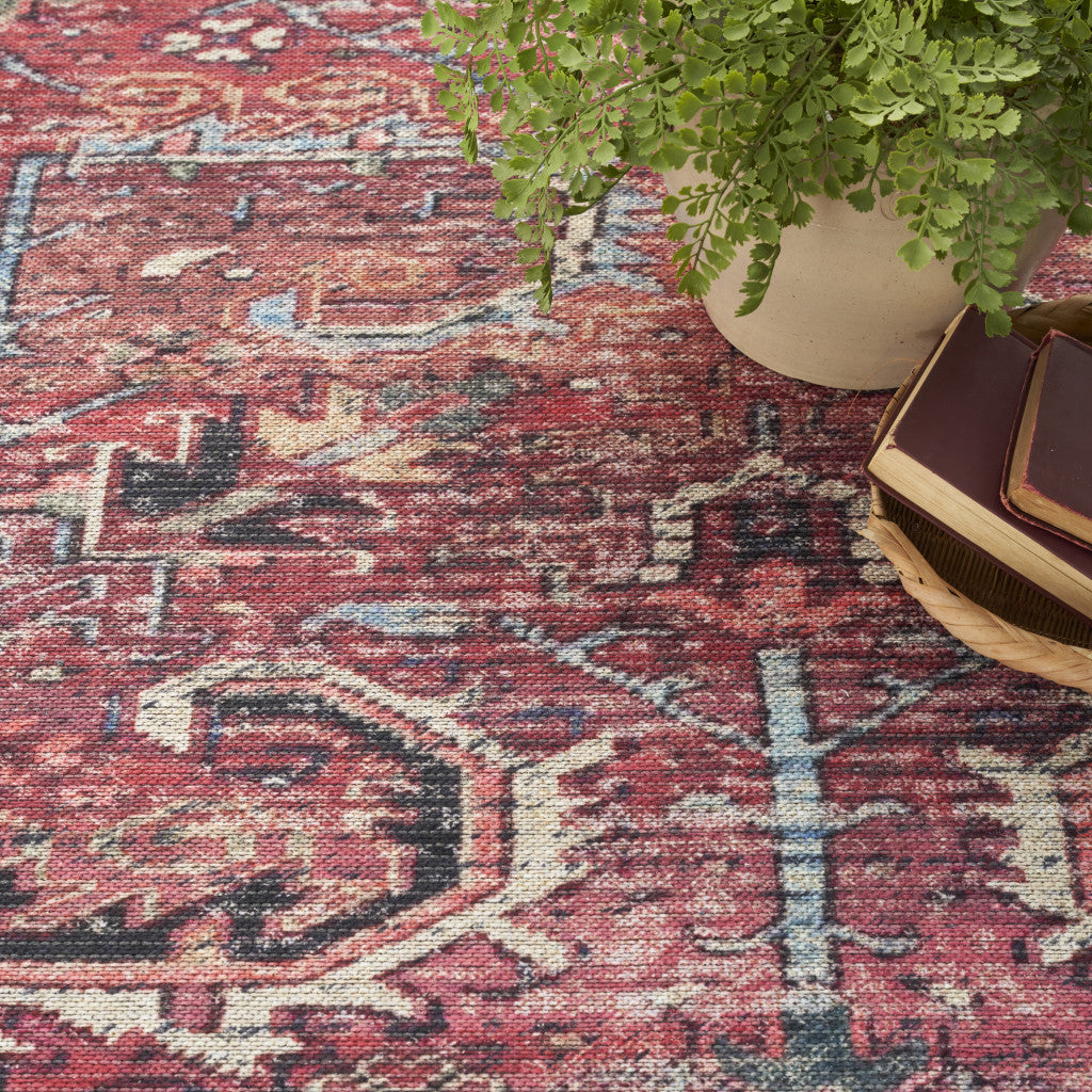 9 x 12 Red Floral Power Loom Distressed Rug