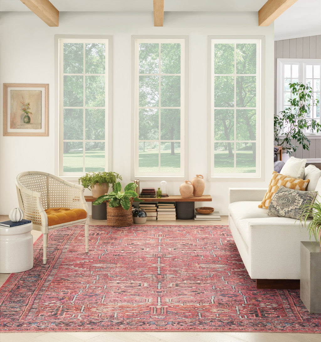9 x 12 Red Floral Power Loom Distressed Rug